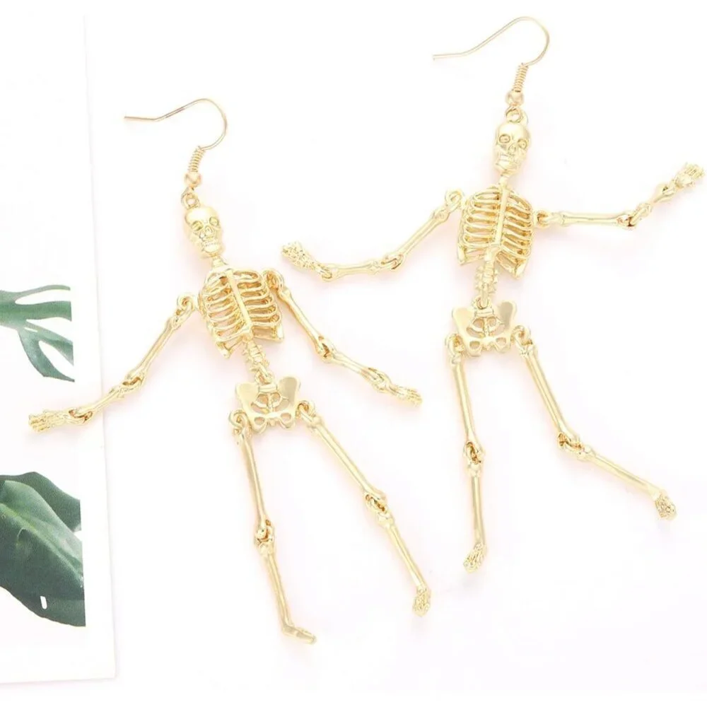 Women's Gold Metal Halloween Skeleton Earrings Spooky Skull Skeleton Dangle